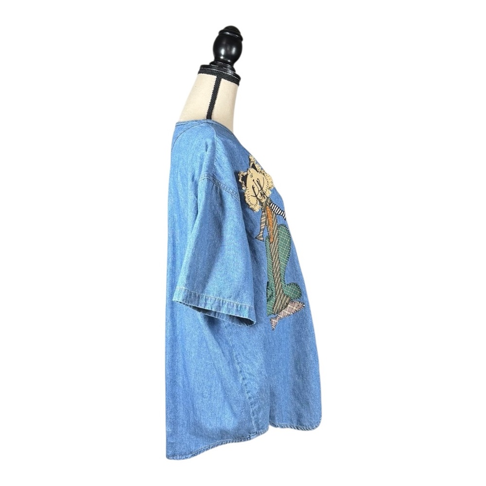 Vintage Chambray Denim Stampede Cat Patchwork Embroidered Button Up Shirt - Picture 2 of 4